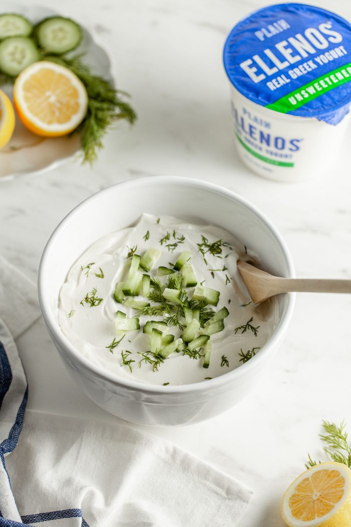A fresh bowl of Tzatziki made with Ellenos Greek yogurt