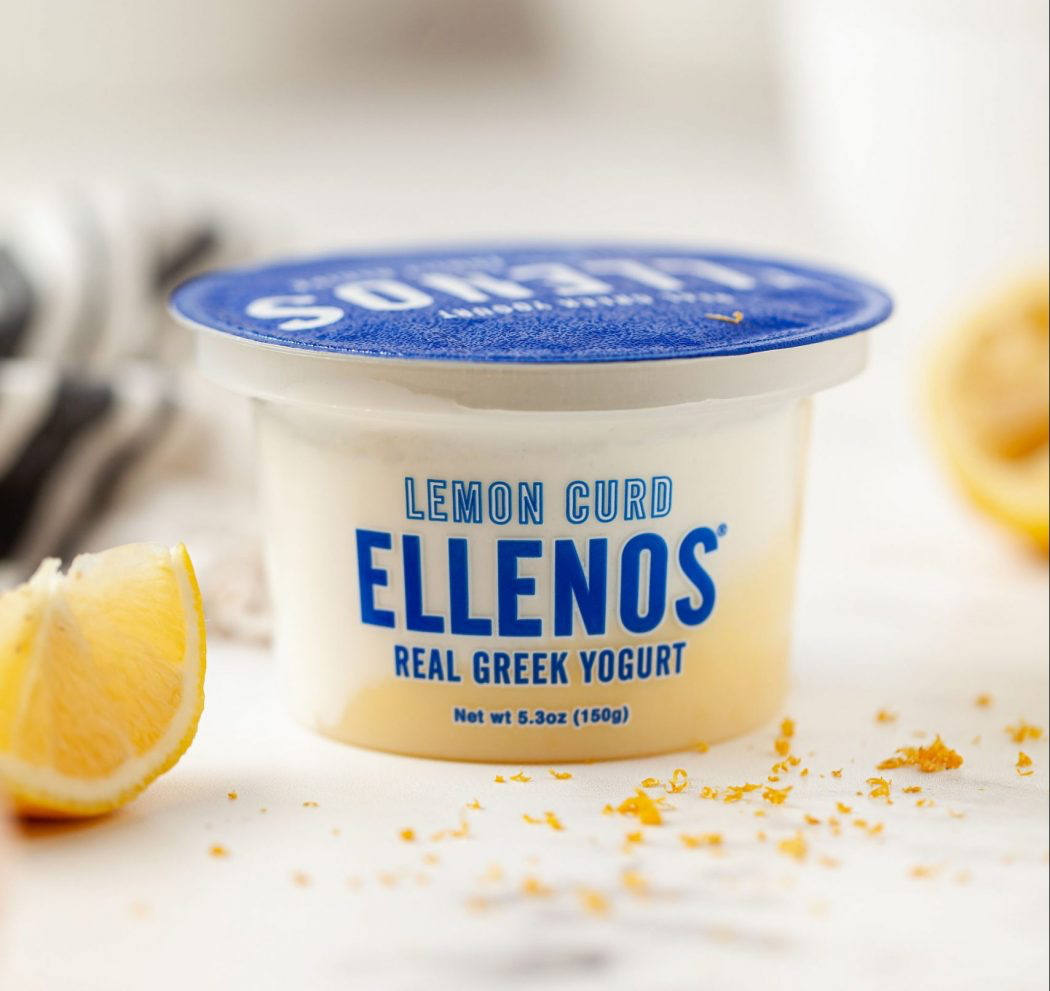 Cup of Ellenos Lemon Curd (on cup it says, "Lemon Curd Ellenos Real Greek Yogurt")
